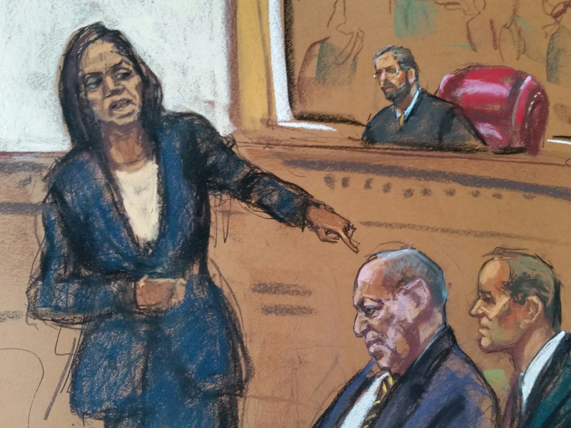 ADA Kristen Feden gestures toward Cosby. Courtroom sketch by Jane Rosenberg.